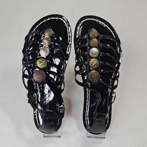 Bernardo Glossy Black Gladiator Sandals with Coin Accents Size 10